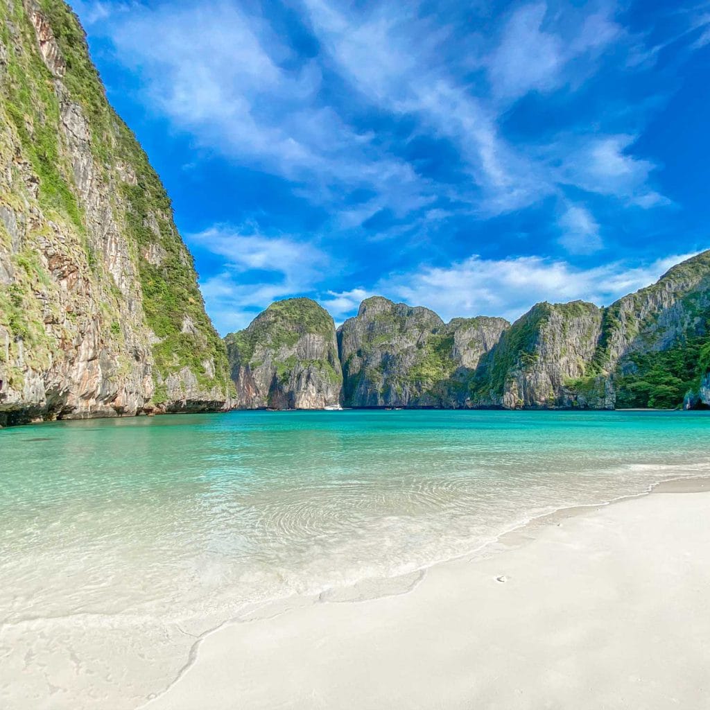 Phi Phi Islands from Khao Lak — Maya Bay and limestone cliffs by speedboat